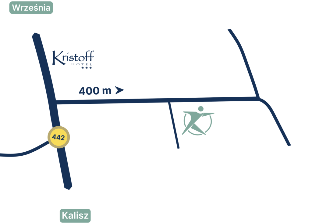 Mapa dojazdu do Kleczewski Centrum Rehabilitacji – 400 m od drogi 442, w pobliżu hotelu Kristoff, kierunek Września / Kalisz